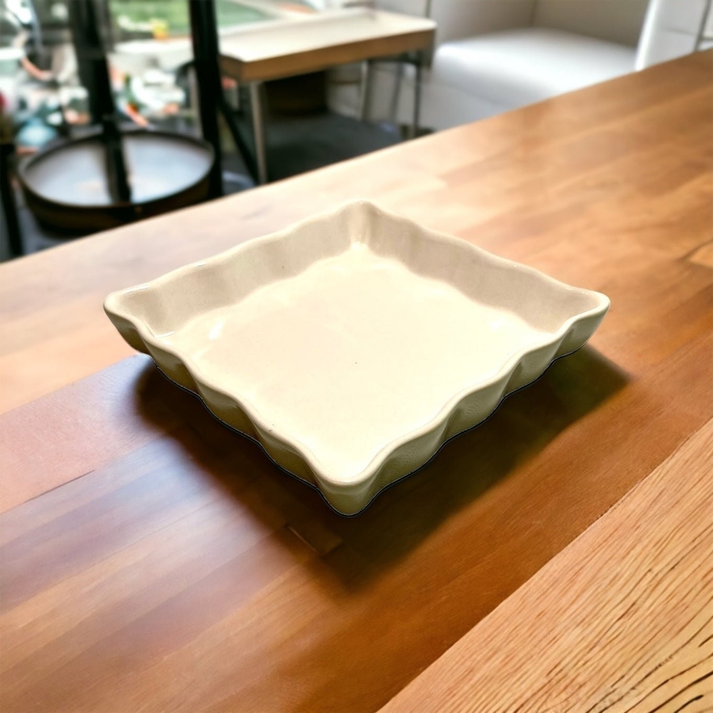 Vintage Square Scalloped Ceramic Baking Dish 7.5 Green Beige Stoneware Casserole